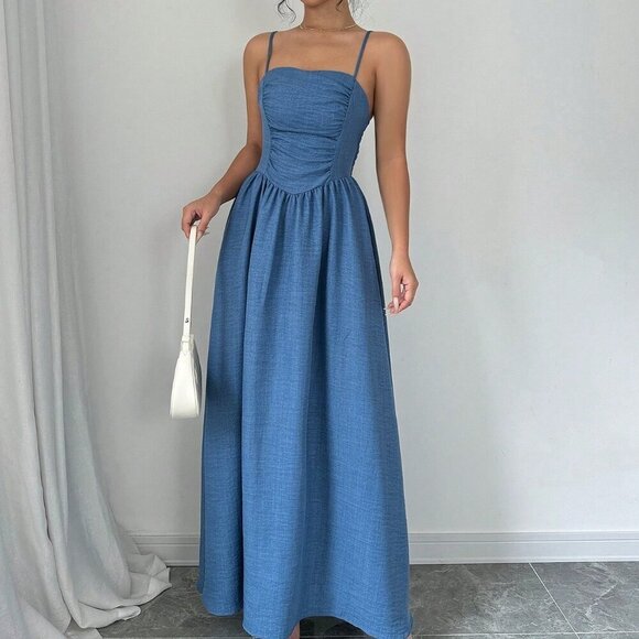 Dusty Blue Elegant Women's Solid Color Ruffle Hem Dress - Picture 6 of 6